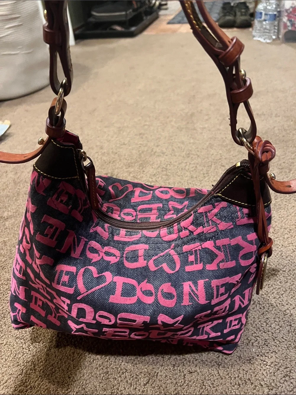 Dooney & Bourke Logo Hobo Bag Pink Navy Canvas Leather Y2K Shoulder Bag